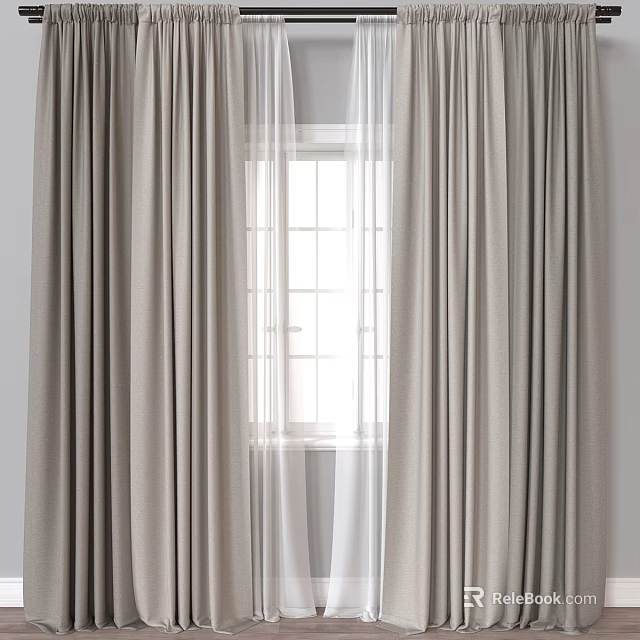 Beige Linen Curtains With Sheer Panels For Grid Window Decoration 3d model 