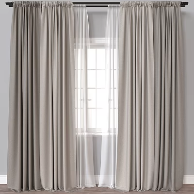 Beige Linen Curtains With Sheer Panels For Grid Window Decoration 3d model