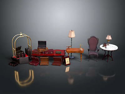 Vintage Interior Scene With Golden Luggage Rack Various Suitcases Purple Armchair And Table Lamps 3d model