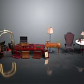 Vintage Interior Scene With Golden Luggage Rack Various Suitcases Purple Armchair And Table Lamps