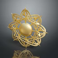 Artistic Golden Metallic Sculpture With Intricate Interlaced Patterns And Central Sphere