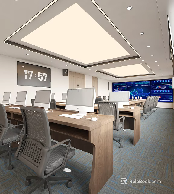 Modern Monitoring Room With Computer Desks Office Chairs And Screens 3d model 