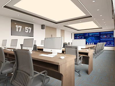 Modern Monitoring Room With Computer Desks Office Chairs And Screens 3d model