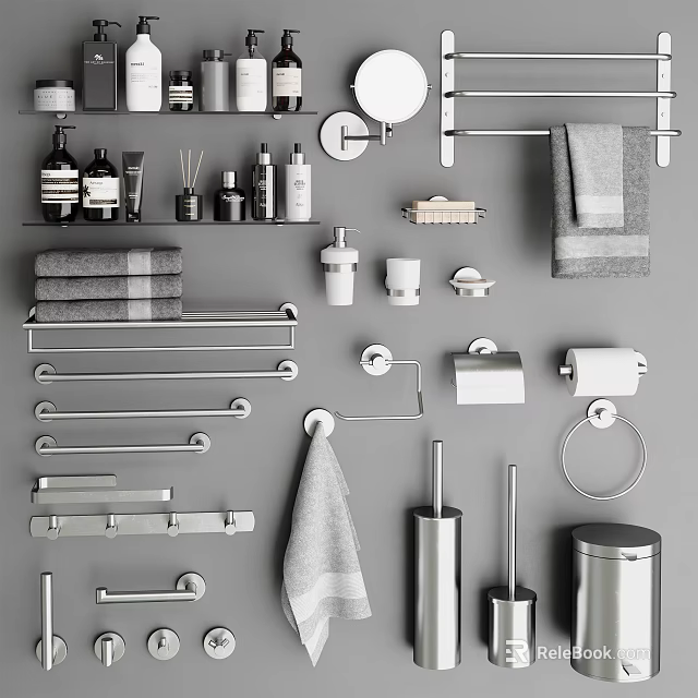 Modern Bathroom Accessories Collection With Towel Racks Towels Soap Dishes And Toiletry Bottles 3d model 