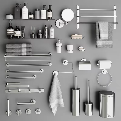 Modern Bathroom Accessories Collection With Towel Racks Towels Soap Dishes And Toiletry Bottles 3d model