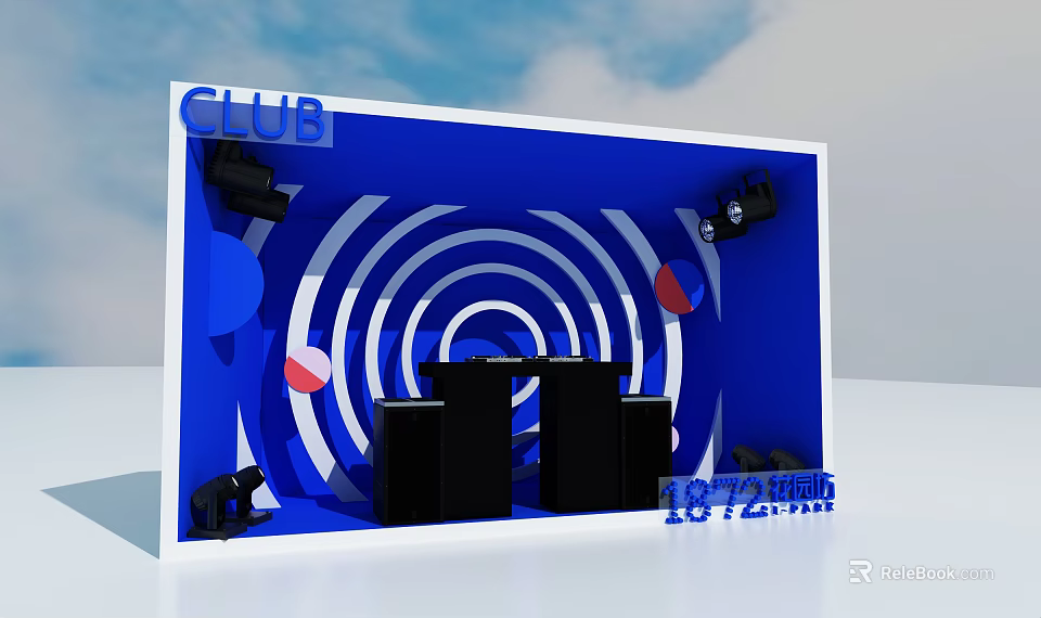 Club Stage Design Featuring Blue Background Spiral Patterns Black Speakers And Lighting 3d model 