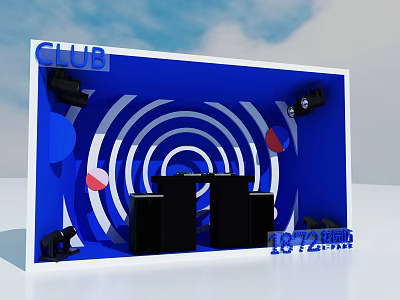 Club Stage Design Featuring Blue Background Spiral Patterns Black Speakers And Lighting 3d model