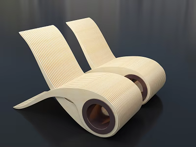 Two Modern Wooden Leisure Chairs with Curved Striped Design and Round Base 3d model