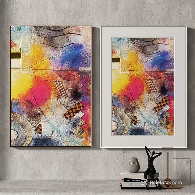 Two Abstract Paintings White Frames Colorful Yellow Red Blue Hues On Wall With Ornaments 3d model 