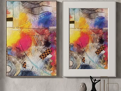 Two Abstract Paintings White Frames Colorful Yellow Red Blue Hues On Wall With Ornaments 3d model