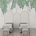 Relaxing Massage Beds In Modern SPA Room With Wooden Floor And Stools