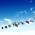 Various Types of Airplanes Flying in Clear Blue Sky with Clouds