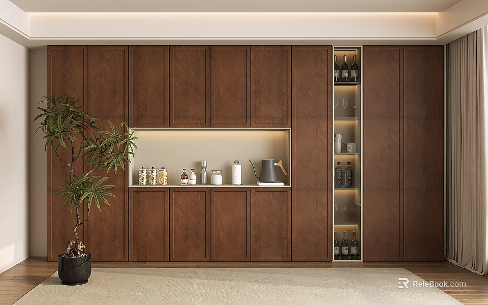 Modern Wooden Wine Cabinet With Glass Door Storage In Elegant Interior Space And Decorative Plant 3d model 