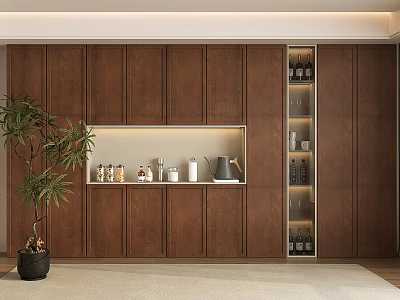 Modern Wooden Wine Cabinet With Glass Door Storage In Elegant Interior Space And Decorative Plant 3d model