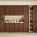 Modern Wooden Wine Cabinet With Glass Door Storage In Elegant Interior Space And Decorative Plant