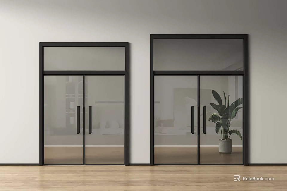 Modern Glass Double Doors With Black Frame Wooden Floor And Green Plant 3d model 