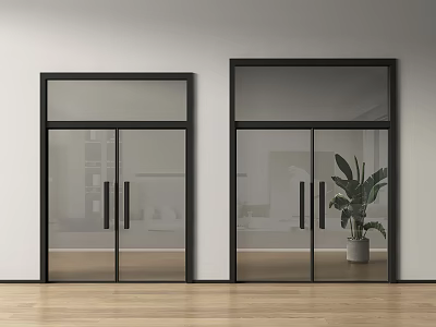 Modern Glass Double Doors With Black Frame Wooden Floor And Green Plant 3d model