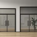 Modern Glass Double Doors With Black Frame Wooden Floor And Green Plant