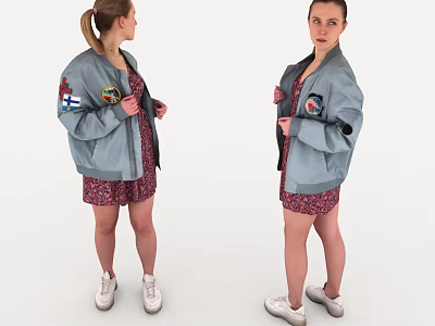 Women Wearing Gray Jacket With Embroidered Patches Floral Dress And White Sneakers 3d model