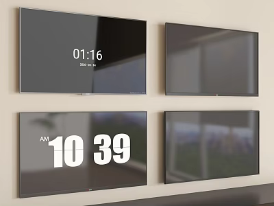 Four Wall Mounted TVs Showing Time Scenery And Digital 3d model