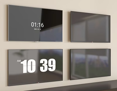 Four Wall Mounted TVs Showing Time Scenery And Digital 3d model
