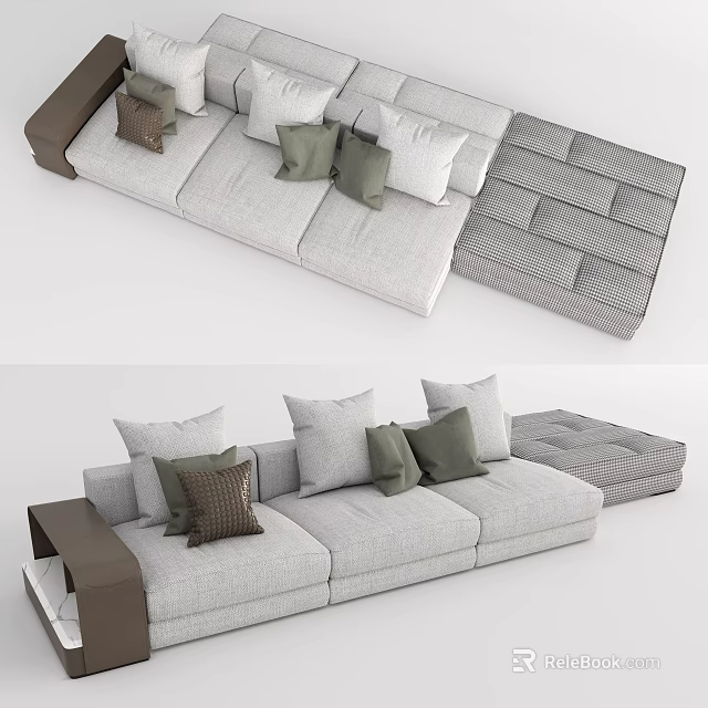 Light Gray Sectional Sofa With Multiple Green And Brown Decorative Pillows 3d model