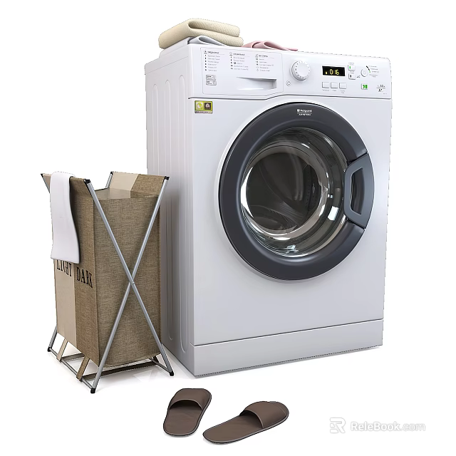 Elegant Modern White Front Load Washing Machine With Laundry Basket And Towel Setup 3d model