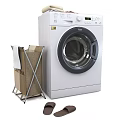 Elegant Modern White Front Load Washing Machine With Laundry Basket And Towel Setup 3d model