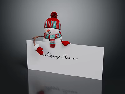 Snowman Sculpture Wearing Red Pom Pom Hat Striped Scarf Red Gloves Holding Happy Snowman Card 3d model