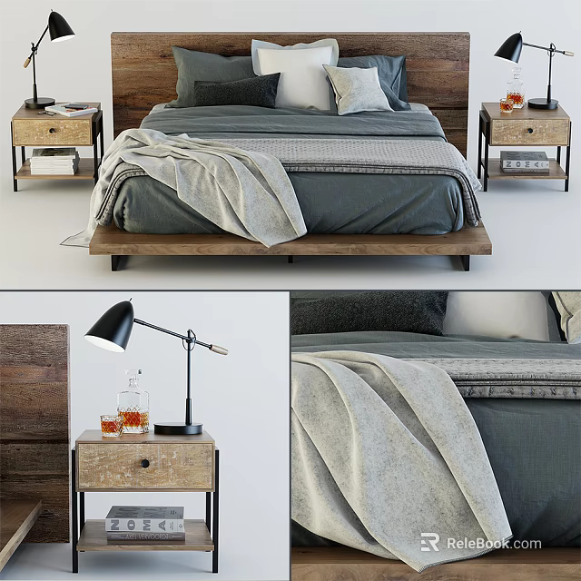 Modern Wooden Double Bed With Gray Bedding Blanket Nightstands And Table Lamps 3d model 