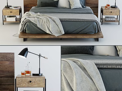Modern Wooden Double Bed With Gray Bedding Blanket Nightstands And Table Lamps 3d model