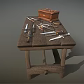 Vintage Leather Case And Multiple Daggers On Rustic Wooden Table 3d model