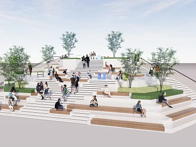 Spacious Open Space Stairs With Many People Resting On Steps Surrounded By Green Trees 3d model