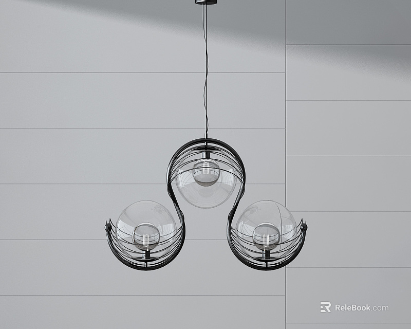 Unique Shaped Pendant Light With Three Globe Glass Shades And Metal Frame 3d model 