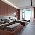 Modern Hotel Room With Twin Beds Brown Vertical Striped Wall And Black White Abstract Art