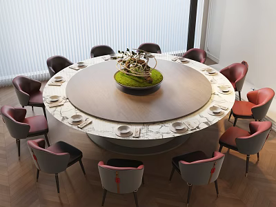 Elegant Round Dining Table Set with Red and Gray Chairs and Green Centerpiece Tableware 3d model