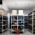 Warehouse Storage Space With Metal Shelves Boxes Camouflage Packages And Orange Gas Cylinders