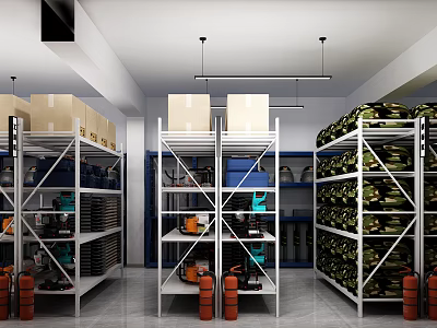 Warehouse Storage Space With Metal Shelves Boxes Camouflage Packages And Orange Gas Cylinders 3d model