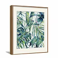 Framed Watercolor Plant Painting With Tropical Green Blue Leaves On Grey Wall