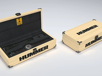 Luxury HUMMER Brand Clock Showcased in Open Wooden Display Case 3d model