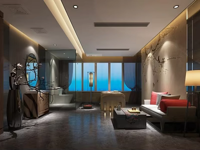 Luxury SPA Sauna Interior Design With Bathtub Sofa And Large Windows 3d model