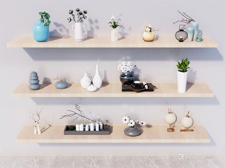 Various Modern Decorative Vases With Flowers And Green Plants On Wooden Shelves 3d model 