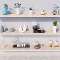 Various Modern Decorative Vases With Flowers And Green Plants On Wooden Shelves