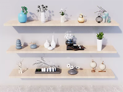 Various Modern Decorative Vases With Flowers And Green Plants On Wooden Shelves 3d model