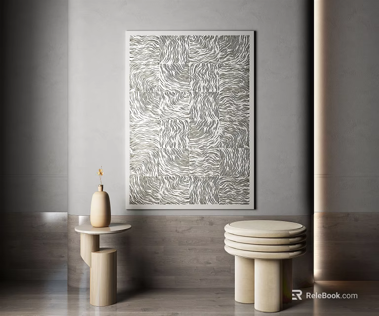 Abstract Pattern Wall Art With Wooden Side Table Ceramic Vase And Stacked Stools 3d model