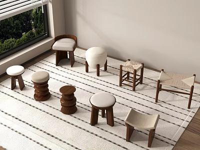 Various Designed Stools Arranged On Striped Rug Near Window With Green Plants 3d model