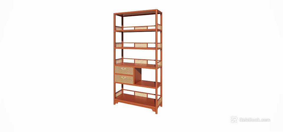 Wooden Storage Shelving Unit With Multiple Open Shelves And Drawers 3d model 