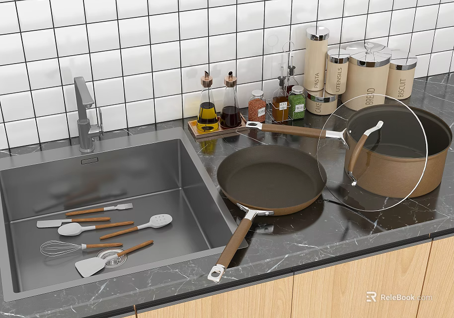 Essential Kitchen Utensils Pans With Lids On Marble Countertop Wooden Cabinets White Tiled Wall 3d model 