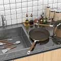 Essential Kitchen Utensils Pans With Lids On Marble Countertop Wooden Cabinets White Tiled Wall