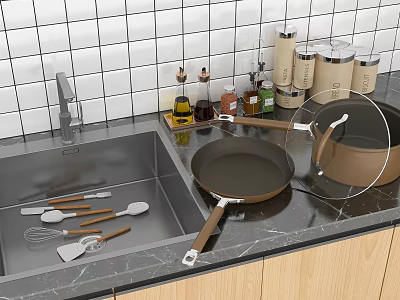 Essential Kitchen Utensils Pans With Lids On Marble Countertop Wooden Cabinets White Tiled Wall 3d model